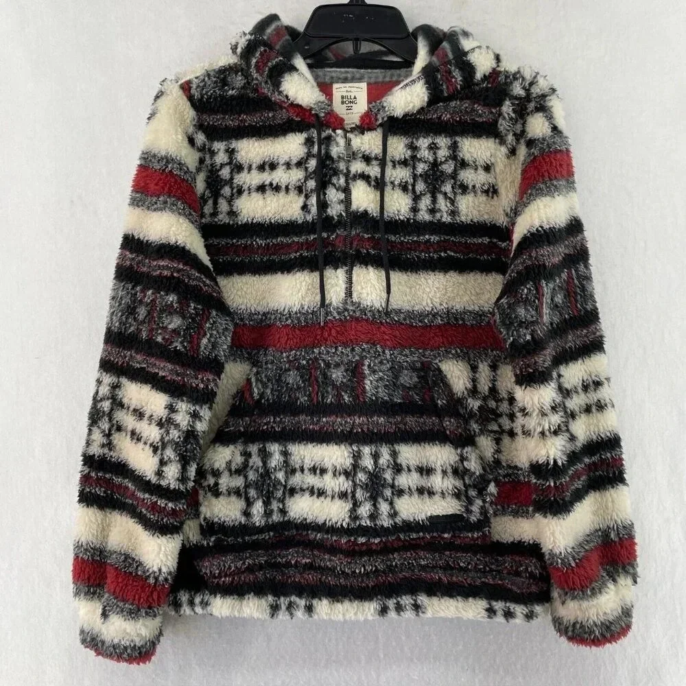 Billabong Fleece Jacket Women's S Red Ivory Aztec Tribal Print Hooded Pullover - Picture 2 of 13